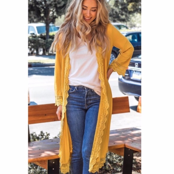 Sweaters - Yellow Lace trim Long Cardigan Kimono